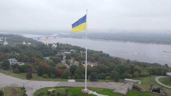 Aerial View of the Flag of Ukraine in Kyiv. Slow Motion. Kiev