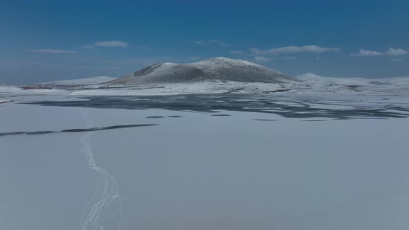 Aerial view of frozen Lake Madatapa in Javakheti National park, Georgia