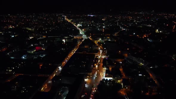 Aerial Shot The City Of Lviv At Night. Ukraine