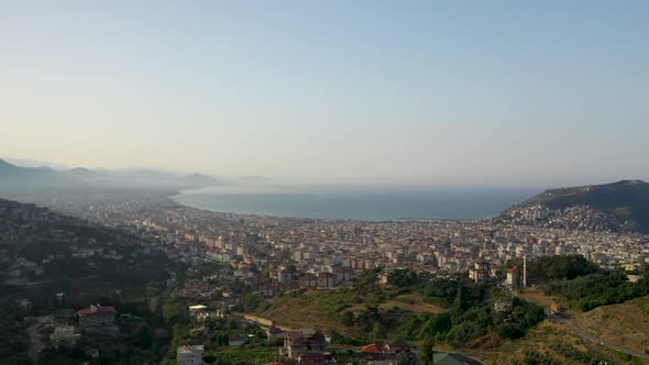 Drone View Alanya City Sunset Day