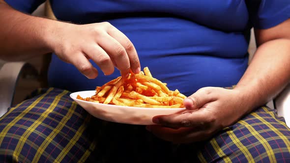 a Fat Man Eating French Fries While Sited