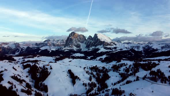 Flying over Alpe di Siusi in the Italian Dolomites during late afternoon hours