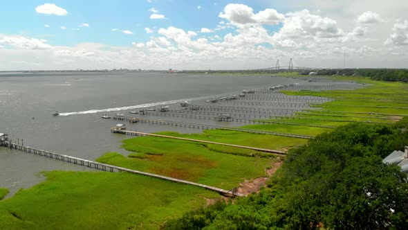 Aerial drone footage of coastal Charleston, South Carolina area.