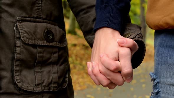 Young Model Couple in Love - Autumn Park(nature) - Couple Holding Hands (Closeup) - Happy Couple