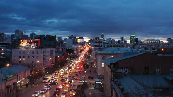 Aerial View of Car Traffic in the City Center at Night.