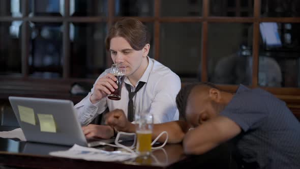 Confident Caucasian Man Working Online on Laptop in Restaurant Drinking Beer with Passed Out African
