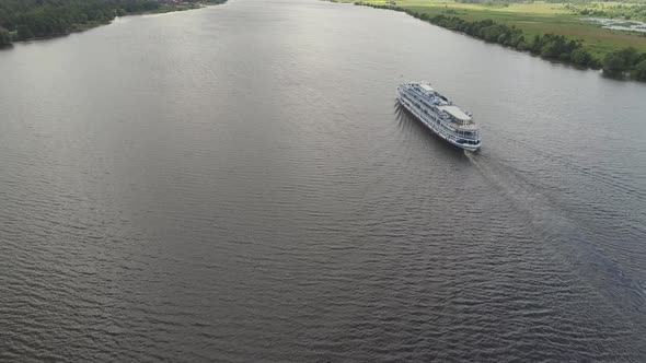 Cruise Ship on the River Aerial View