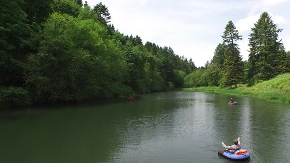 Aerial view of fly fishermen on lake