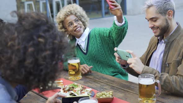 Multiracial Happy Friends Doing Selfie Drinking Beer at Brewery Bar Young People Having Fun at