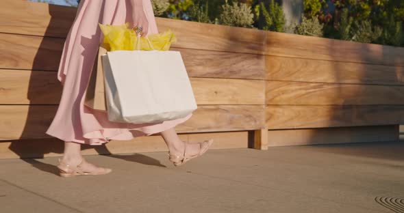 Woman in Pink Dress with Shopping Bags Walking in a City at Sunset. Slow Motion