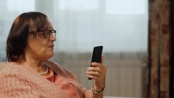 Grandmother Video Talking With Grandchildren. Old Granny Holding Cellphone Chatting Looking Screen.