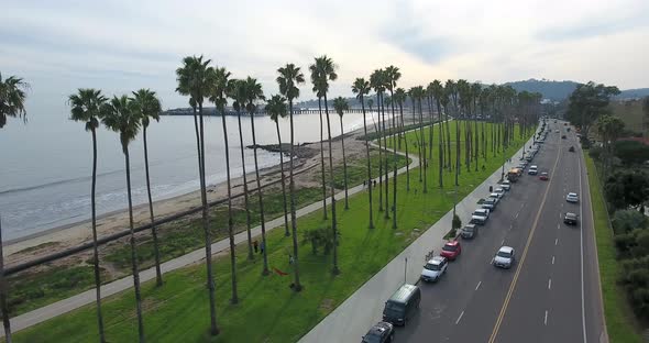 Flying over Cabrillo Boulevard on Santa Barbara, California coast