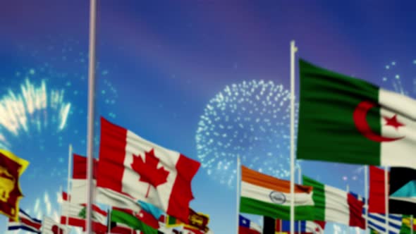 colombia Flag With World Globe Flags And Fireworks  alt