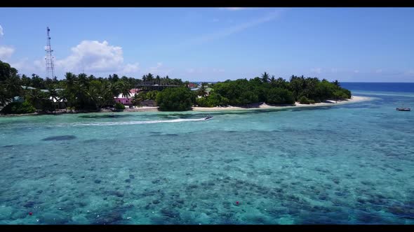 Aerial drone nature of paradise island beach wildlife by aqua blue sea and white sand background of 
