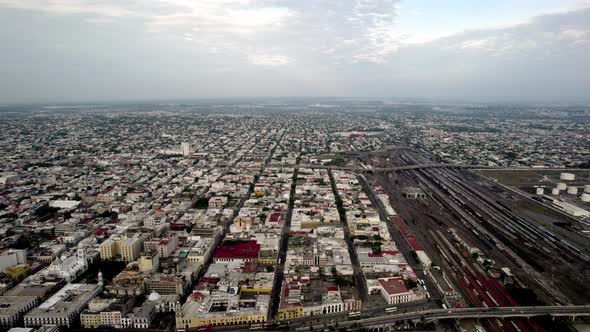 lateral drone shot of the arrival of merchandise by rail at the port of veracruz in mexico