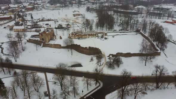 Ruins of Ancient Livonian Order's Stone Medieval Castle Latvia Aerial Drone Top Shot 