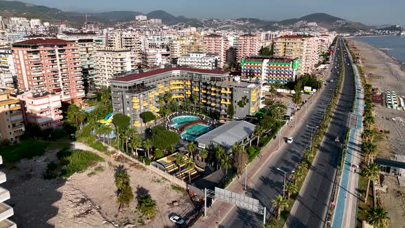 Hotels pool on the beach aerial view Turkey Alanya 4 K