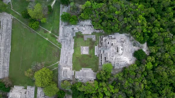 Drone top down shot of Mayan ruins in the middle of the jungle.