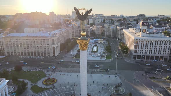 Monument in the Center of Kyiv, Ukraine. Maidan. Aerial View