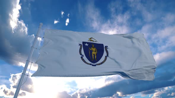 Flag of Massachusetts Waving in the Wind Against Deep Beautiful Clouds Sky