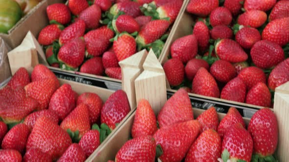 Boxes with strawberries on market