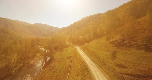 Low Altitude Flight Over Fresh Fast Mountain River with Rocks at Sunny Summer Morning.