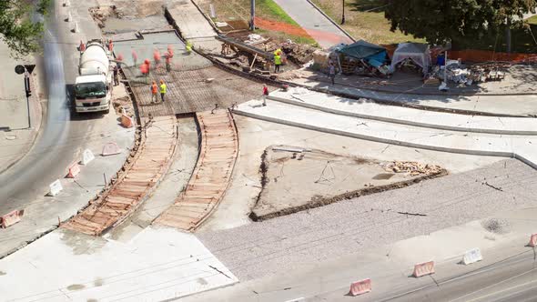 Road Construction Site with Tram Tracks Repair and Maintenance Aerial Timelapse