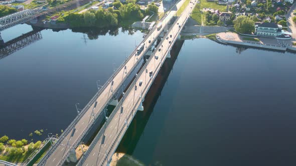 Aerial View of Bridge Over the River with Car Traffic in the City