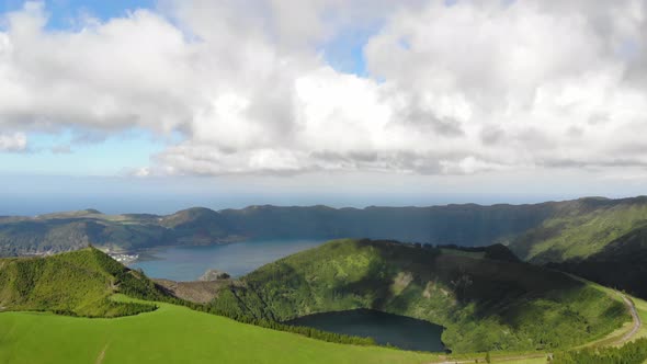 Scenic view from Boca do inferno to Sete Cidades Lagoon in Azores, Portugal -Aerial wide view