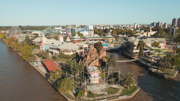 Aerial View Of Montaña Rusa "El Vigia" Roller Coaster At Costa Park In Tigre, Argentina.