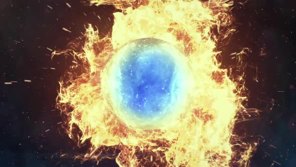 Motion Background VJ Loop - Blue Lens Sphere Orange Fire Particles HD alt