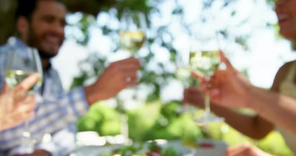 Happy two couples toasting wine glasses