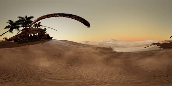 VR360 Old Rusted Military Helicopter in the Desert at Sunset