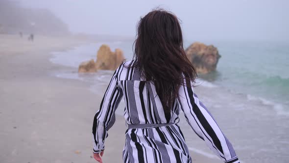 Happy Lady on Sand City Beach Sea Background