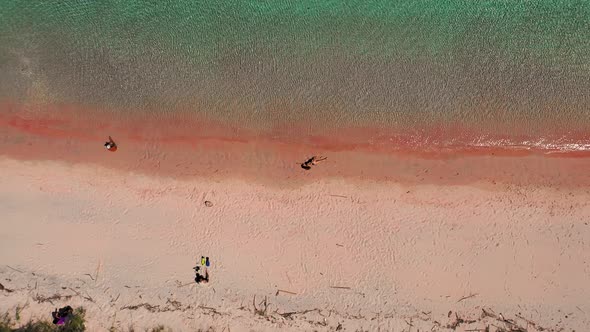 Aerial view of attractive woman at pink beach, Padar islands, Indonesia.