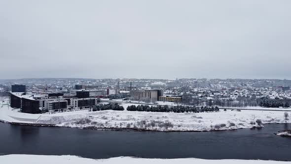 Aerial high angle view of Kaunas Vilijampole living district in winter