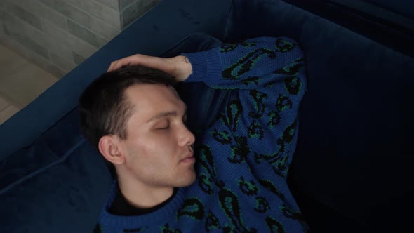 Calm Relaxed Caucasian Young Man Resting Napping on Sofa with Eyes Closed at Home, Happy Healthy Guy