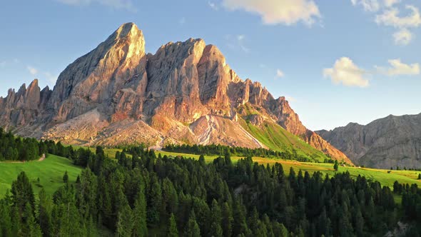 Sunset at passo delle Erbe in Dolomites, aerial view