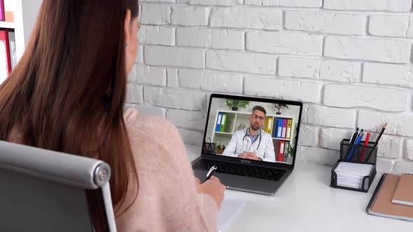 Doctor in laptop screen talk teaches online webcam, distance medical education