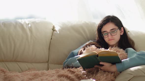 A student girl sits comfortably on the couch at home and teaches a textbook, learning at home