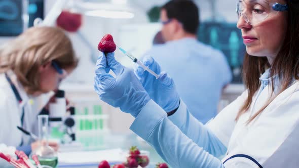 Close Up Footage of Female Scientist Researcher Injecting a Strawberry with GMO