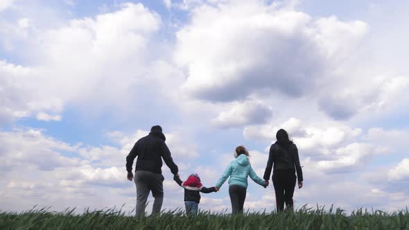 Happy Family Walking in Green Field on Sunny Day
