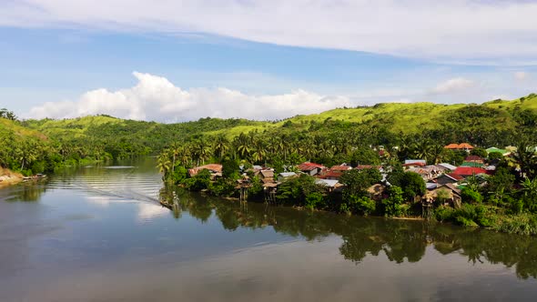 Tropical Landscape in Sunny Weather. Village By the River. The Nature of the Philippines, Samar