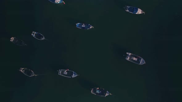 Fishing boats at Fort Grey, Guernsey, Channel Islands, UK. Aerial drone view