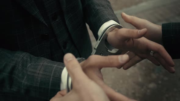 Arrest of the Offender Without Resistance. Policeman Puts the Handcuffs on the Hands of Criminal