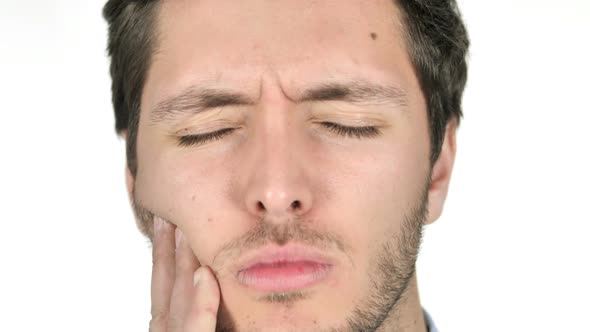 Close Up of Young Man with Toothache on White Background
