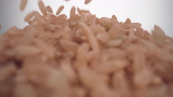 Camera follows brown rice falling and making a heap on surface. Slow Motion.