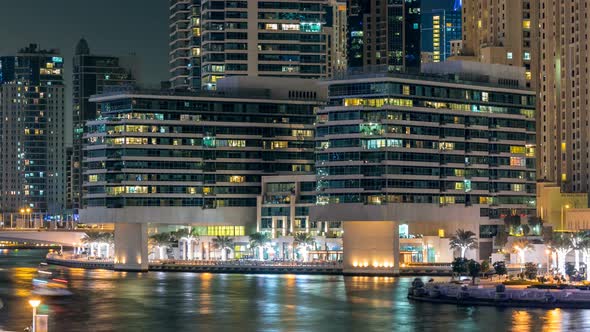 Promenade in Dubai Marina Timelapse at Night UAE