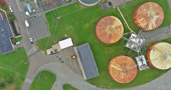 Aerial Panoramic View of Round Sedimentation Tanks with Facilities Water Treatment Facilities Sewage