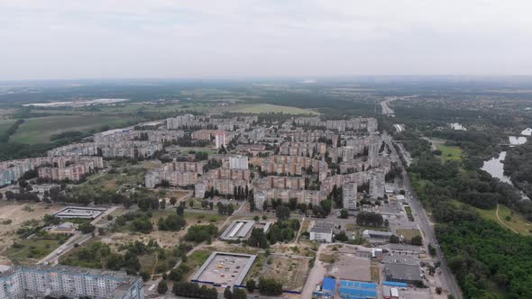 Aerial Panorama of Dwelling Blocks of Multistory Buildings Near Nature and River